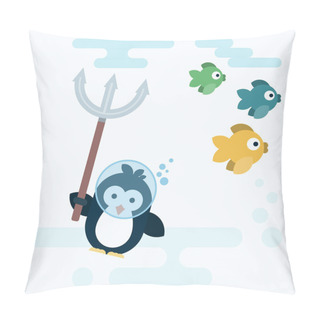 Personality  Flat Penguin Character Stylized As A Fish Hunter With Trident. Pillow Covers