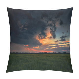 Personality  Beautiful Sunset In Green Field, Summer Landscape, Dark Colorful Sky And Clouds As Background, Green Wheat Pillow Covers