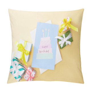 Personality  Top View Of Festive Colorful Gifts And Happy Birthday Greeting Card On Beige Background Pillow Covers
