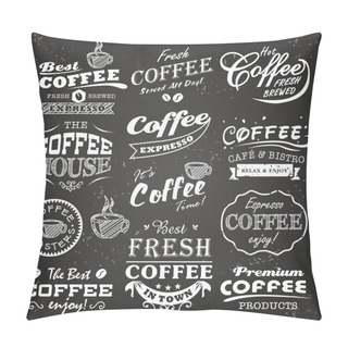 Personality  Collection Of Coffee Shop Sketches, Labels And Typography Design On A Chalkboard Background Pillow Covers