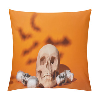 Personality  Skulls With Bats Shadow On Orange Background, Halloween Decoration Pillow Covers