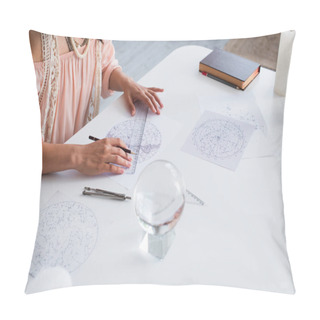 Personality  Partial View Of Young Astrologer Drawing Cosmic Charts Near Magic Crystal Pillow Covers