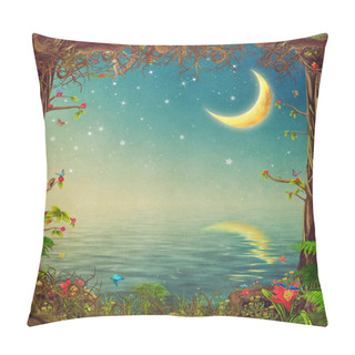 Personality  Beautiful Woodland Scene With Trees ,sky And Moon Over The Sea ,illustration Art  Pillow Covers