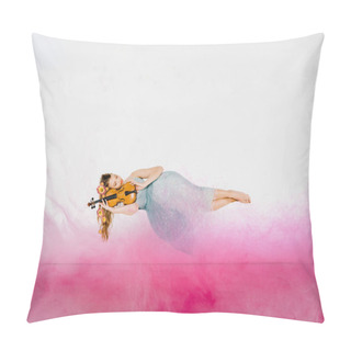 Personality  Floating Girl In Blue Dress Sleeping On Violin With Pink Cloud Illustration Pillow Covers
