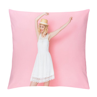 Personality  Young Woman In Straw Hat And Dress With Hands Above Head On Pink  Pillow Covers
