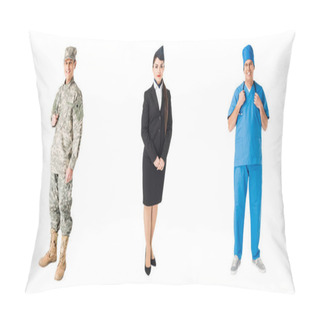 Personality  Set Of Professions Soldier, Doctor And Stewardess Isolated On White Pillow Covers