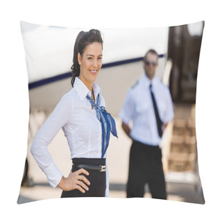 Personality  Airhostess Smiling With Pilot And Private Jet In Background Pillow Covers