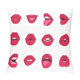 Personality  Female Lips. Cartoon Sexy Woman Smile, Open Closed And Smiley Mouth, Red Lips Isolated On White. Vector Lips Kiss Gesture And Makeup Pillow Covers