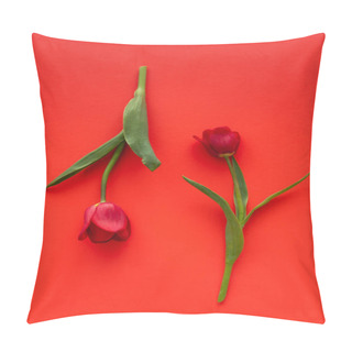 Personality  Top View Of Two Fresh Tulips With Green Leaves On Red Background Pillow Covers