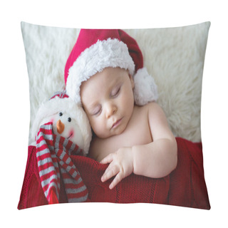 Personality  Little Sleeping Newborn Baby Boy, Wearing Santa Hat, Holding Toy Pillow Covers
