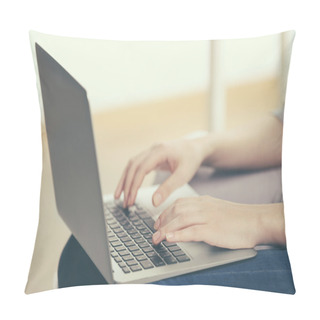 Personality  Woman Sitting On Sofa With Laptop  Pillow Covers