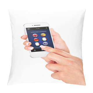 Personality  Hand Holding Mobile Phone With Language Learning Application Ove Pillow Covers