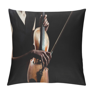 Personality  Partial View Of Female Musician Playing On Violin Isolated On Black Pillow Covers