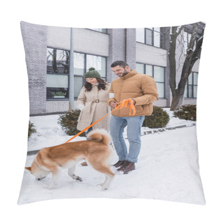 Personality  Cheerful Man Holding Leash While Walking With Girlfriend And Akita Inu Dog Pillow Covers