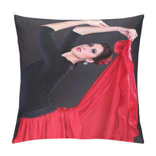 Personality  Attractive Spanish Young Woman Dancing Flamenco Over Black Backg Pillow Covers