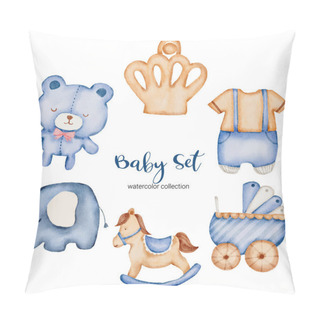 Personality  Set Of Separate Parts And Bring Together To Beautiful Clothes, Baby Items And Toy In Water Colors Style On White Background, Watercolor Vector Illustration Pillow Covers