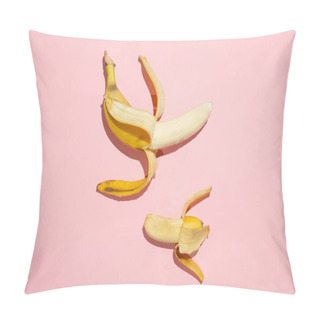 Personality  Sweet Juicy Opened Small Banana And Opened Big Banana On Pink Table. Sexual Life Libido, Penis Size And Potency Concept. Pillow Covers