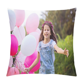 Personality  Laughing Beautiful Girl In Denim Overalls And A Floral Wreath Run To Meet With A Big Bunch Of Pink Balloons. Portrait, Selective Focus.  Pillow Covers