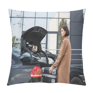 Personality  Smiling Woman In Autumn Outfit Looking Away While Loading Suitcase In Car Trunk Pillow Covers