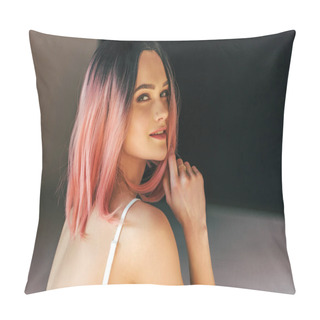 Personality  Beautiful Smiling Girl With Pink Hair Posing For Fashion Shoot Pillow Covers