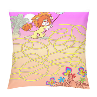 Personality  Puzzle Maze With Lion Cub That Needs Help To Catch Butterflies. Vector Illustration For Educational And Entertainment Programs For Children. Pillow Covers