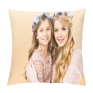 Personality  Cute Child And Pretty Mom In Colorful Floral Wreaths Embracing And Looking At Camera On Yellow Background Pillow Covers