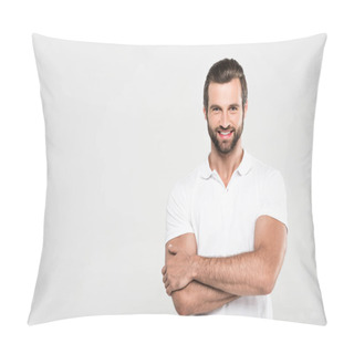 Personality  Handsome Smiling Man Posing In White With Crossed Arms, Isolated On Grey Pillow Covers