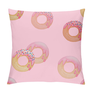 Personality  Watercolor Hand Painting Illustration Of Seamless Donuts Fired, The Round Doughnut With Strawberry Cream Melting, Colorful Sugar Candy Topping, Drawing Pattern On Pink Background  Pillow Covers