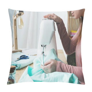 Personality  Cropped Image Of Young Seamstress Using Sewing Machine At Workplace Pillow Covers