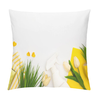 Personality  Top View Of Spring Tulips And Green Plants Near Yellow Cleaning Supplies And Hearts On White Background Pillow Covers