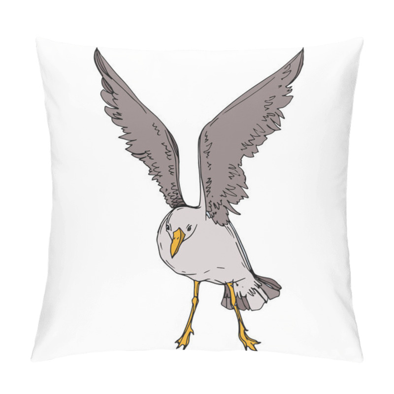 Personality  Vector Sky bird seagull in a wildlife. Black and white engraved ink art. Isolated seagull illustration element. pillow covers