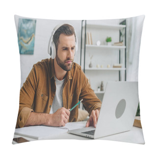 Personality   Good-looking Man Listening Music, Holding Pencil And Using Laptop  Pillow Covers