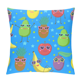 Personality  Cute Seamless Pattern With Cartoon Fruits Characters In Sunglasses, Avocado, Banana, Pineapple, Lemon And Apple. Pillow Covers