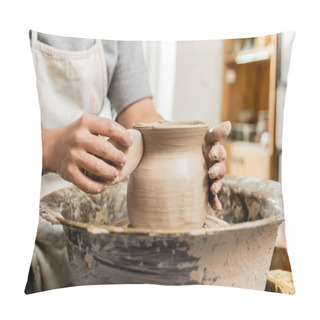 Personality  Cropped View Of Blurred Young Craftswoman In Apron Holding Wooden Scraper While Making Clay Vase On Pottery Wheel In Art Studio At Background, Clay Shaping And Forming Process Pillow Covers