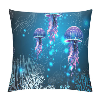 Personality  Background With Glowing Vivid Transparent Jellyfishes  Pillow Covers