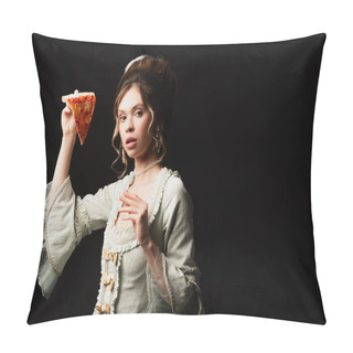 Personality  Vintage Style Woman With Piece Of Tasty Pizza Looking At Camera Isolated On Black Pillow Covers