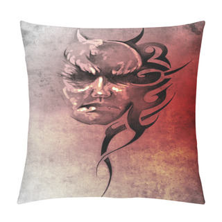 Personality  Sketch Of Tattoo Art, Monster Head With Tribal Design Pillow Covers