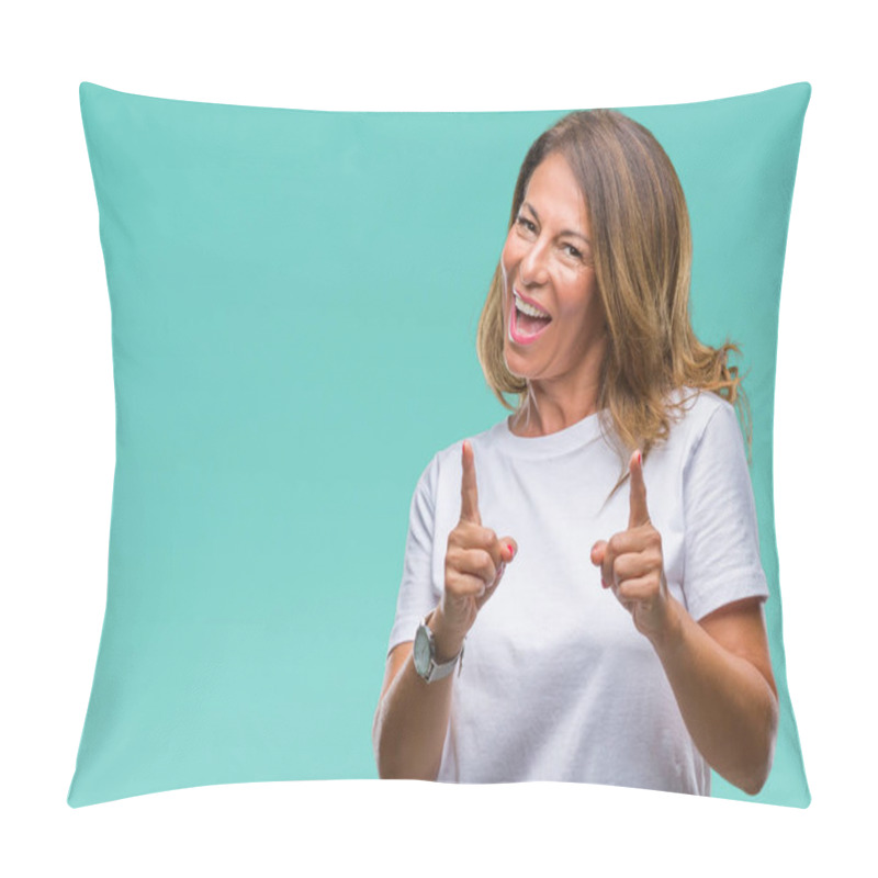 Personality  Middle age senior hispanic woman over isolated background pointing fingers to camera with happy and funny face. Good energy and vibes. pillow covers