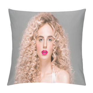 Personality  Portrait Of Attractive Young Woman With Long Curly Hair Looking At Camera Isolated On Grey  Pillow Covers