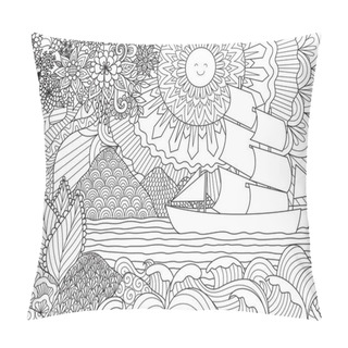 Personality  Line Art Design Of Seascape For Adult Or Kids Coloring Book Page. Vector Illustration. Pillow Covers