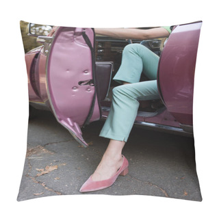 Personality  Cropped View Of Woman In Stylish Shoes Opening Door And Stepping Out Car Pillow Covers