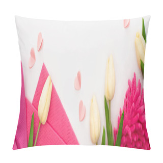 Personality  Top View Of Spring Tulips And Pink Cleaning Supplies On White Background, Panoramic Shot Pillow Covers