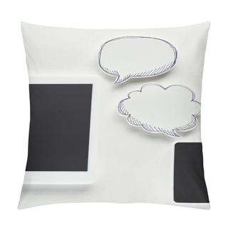Personality  Top View Of Digital Tablet And Smartphone On White Background Near Empty Speech Bubbles, Cyberbullying Concept Pillow Covers
