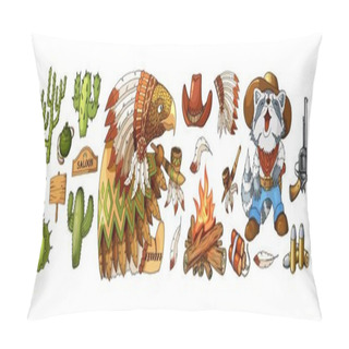 Personality  Vector Set Cowboy And Wild West Labels And Sticker Elements In Cartoon Style Pillow Covers