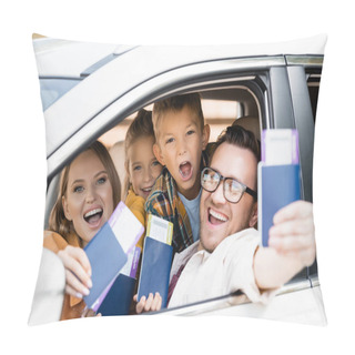 Personality  Cheerful Family With Kids Holding Passports With Air Tickets On Blurred Foreground In Car  Pillow Covers