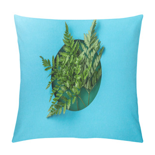 Personality  Green Fern Leaves As Decorations In Round Hole On Blue Paper  Pillow Covers