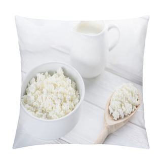 Personality  Close-up View Of Fresh Healthy Cottage Cheese, Wooden Spoon And Milk In Jug On Wooden Table Pillow Covers