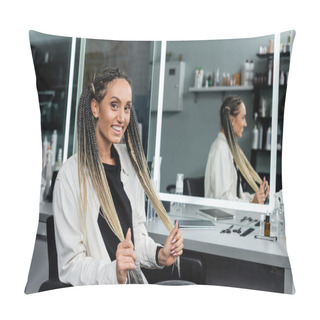Personality  Female Client In Beauty Salon, Happy Woman With Braids Looking At Camera, Customer Satisfaction, Hair Salon, Hairstyle, Female Client With Braids, Mirror Refection, Two Ponytails, Hair Extension  Pillow Covers