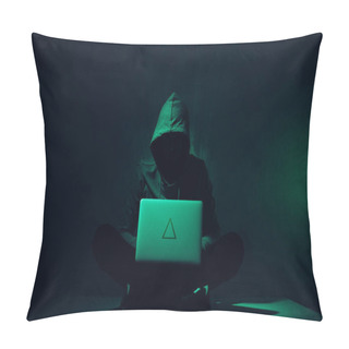 Personality  Toned Picture Of Silhouette Of Hacker In Hoodie Using Laptop Pillow Covers