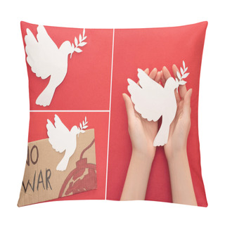 Personality  Collage Of Female Hands, White Paper Dove And Cardboard Placard With No War Lettering And Bomb On Red Background Pillow Covers